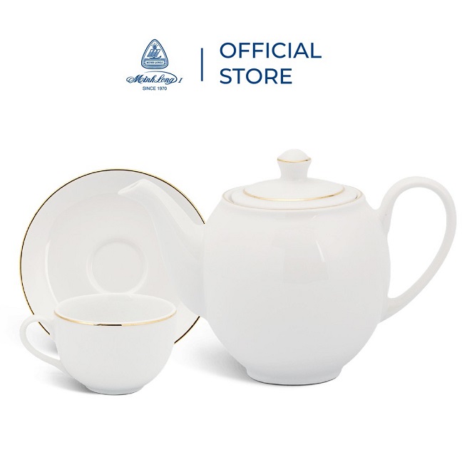 Bộ ấm trà sứ Minh Long Camellia viền chỉ vàng - bộ ấm trà sứ Minh Long Camellia viền vàng
