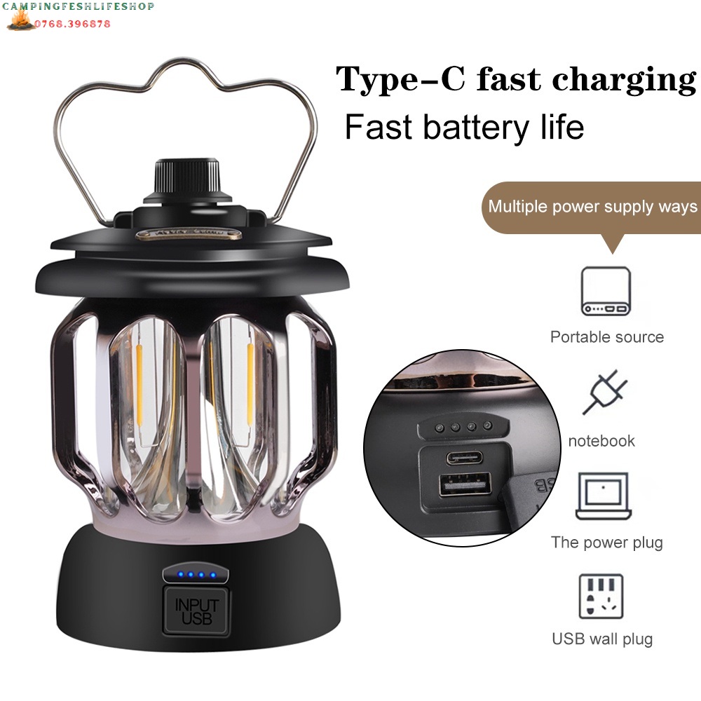 Đèn cắm trại cổ điển ,Đèn bão,Đèn Retro,Đèn led xạc type C
