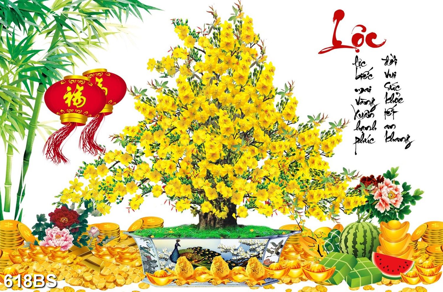 Tranh dán tường 3d chậu mai chậu bosai hoa mai cây mai vàng đẹp 618bs