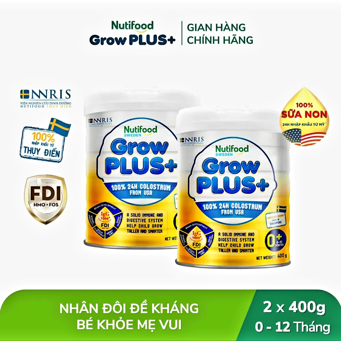 (Expiration Date February 2027) Combo 2 Cans Nutifood Growplus 0+ Yellow Powdered Milk 400g (Colostrum).