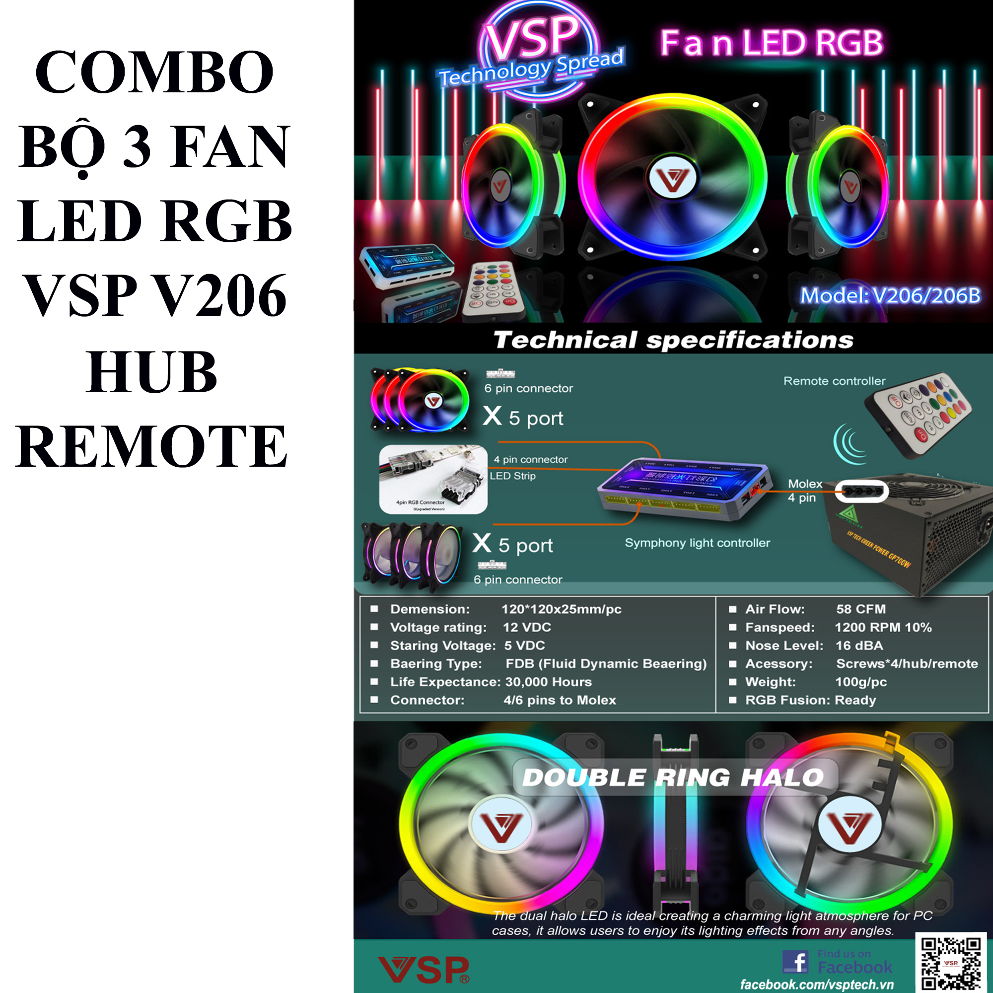[HCM]Combo bộ 3 Fan led RGB 2 mặt VSP V206B +Hub + Remote