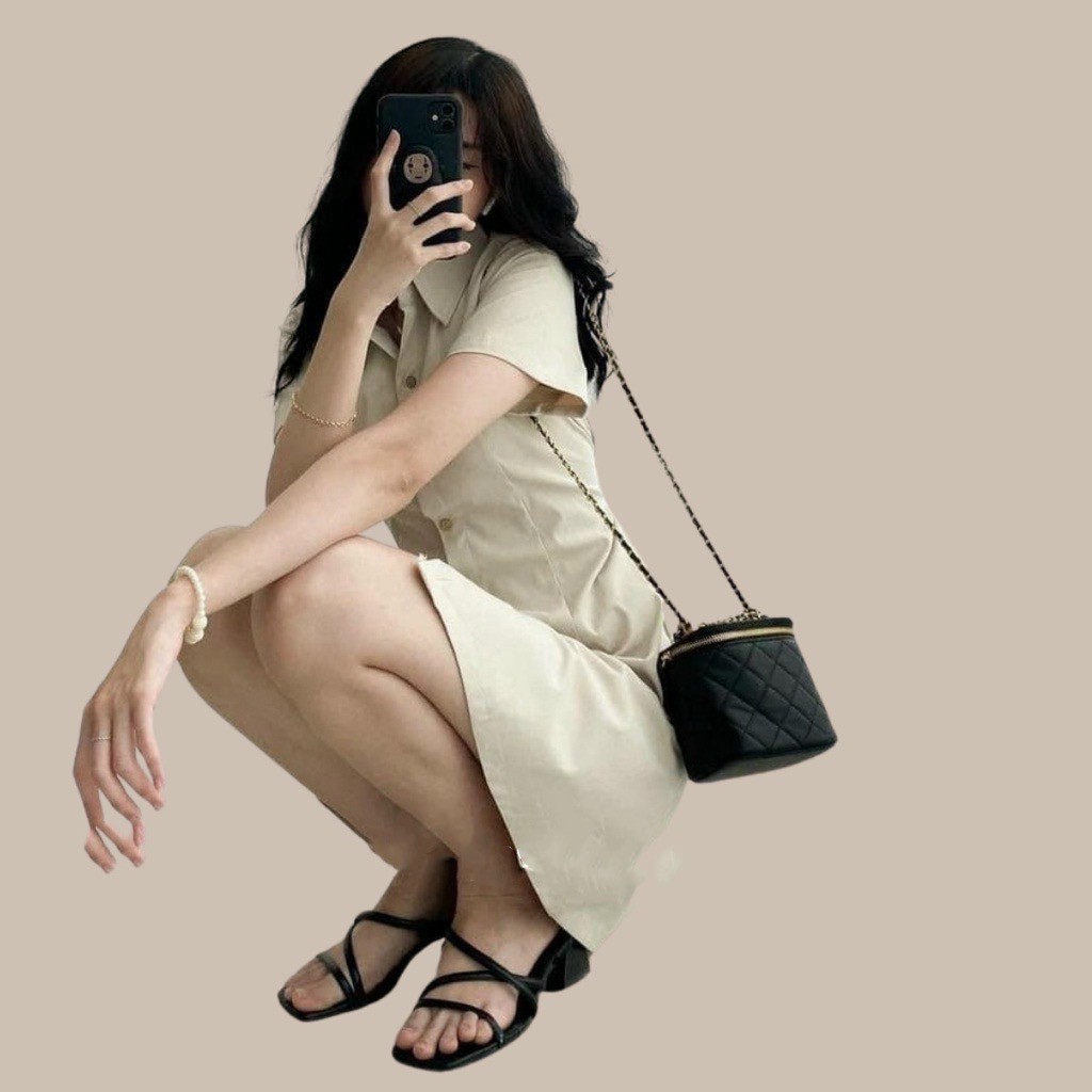 Đầm nữ sơ mi chiết eo dáng ngắn vải thô, váy suông cộc tay cổ đức 3 màu cá tính