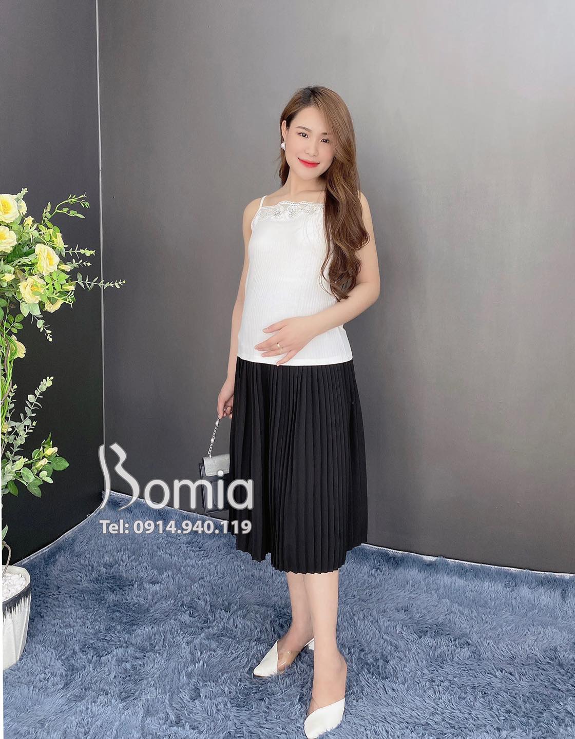 Chân váy bầu midi xếp ly lụa gân Thượng Hải - Đồ Bầu Xinh