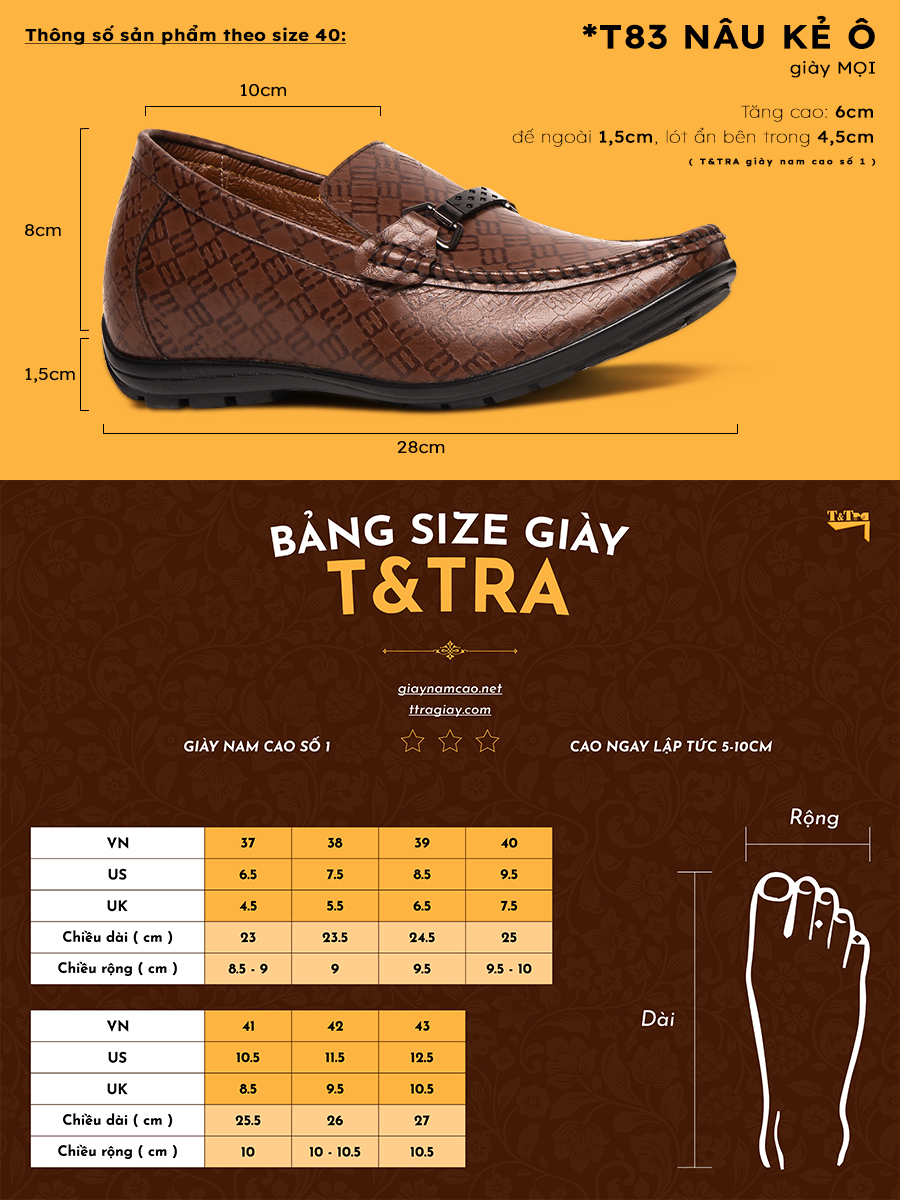 [ 6CM ] Giày Độn Nam T&TRA T83 Nâu sọc