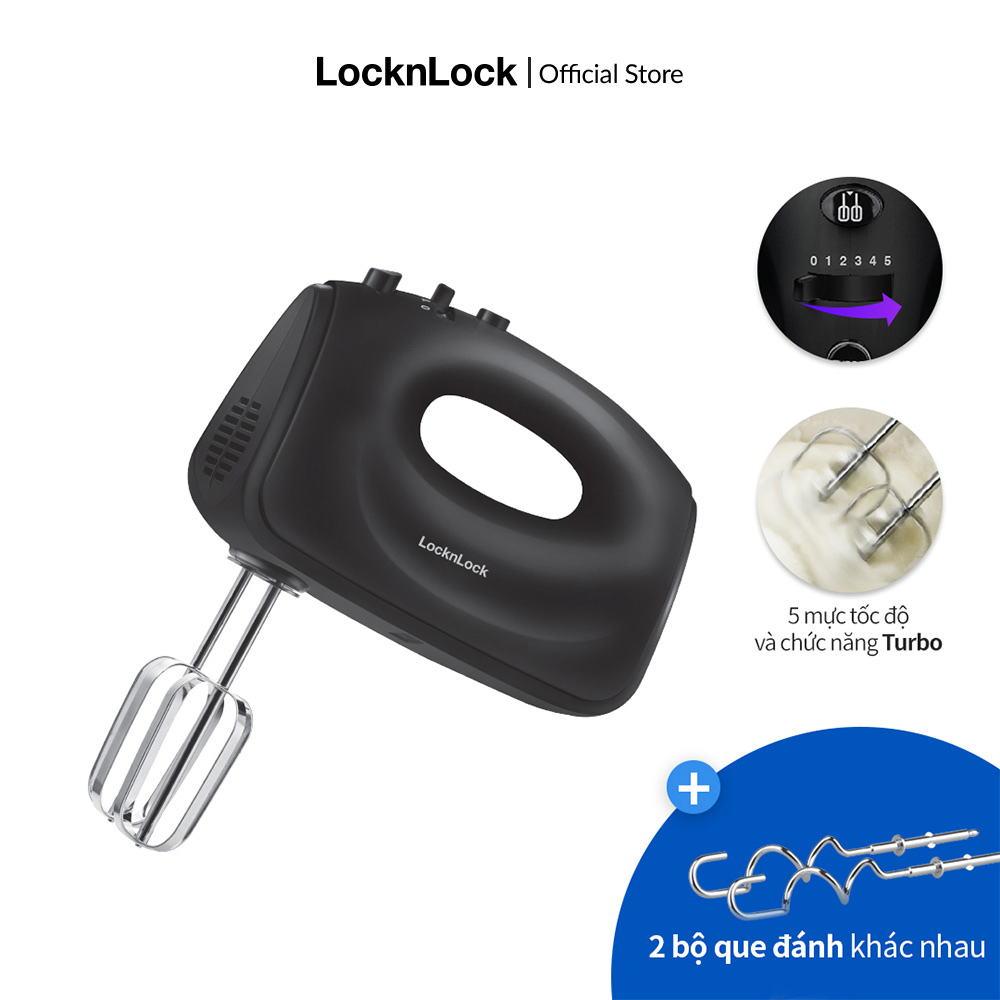 Máy đánh trứng Lock&Lock EJM501DGRY - 5 mức tốc độ - Thiết kế gọn nhẹ cầm tay - 1 bộ que đánh trứng, làm kem - 1 bộ que nhào bột, đánh bột - Dễ sử dụng an toàn - Hành chính hãng bảo hành 2 năm
