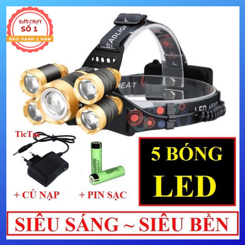 Đèn pin siêu sáng đội đầu 5 bóng gồm 1 đèn 5 bóng + 2 pin sạc + 1 củ sạc, bảo hành 6 tháng.