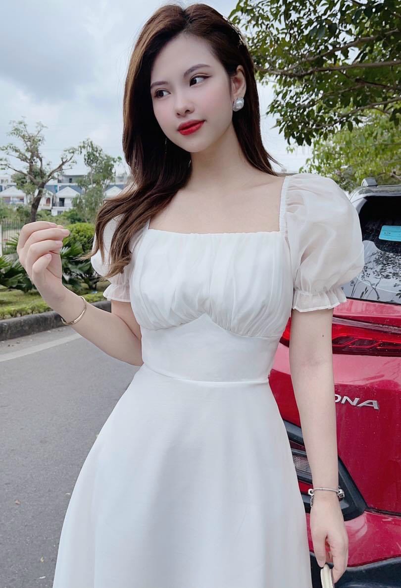 Váy đầm nữ tay phồng cổ vuông nhúm ngữ chất voan cao cấp mềm mịn kiểu dáng dễ thương, Đầm váy dự tiêc cổ vuông tay phồng dễ thương