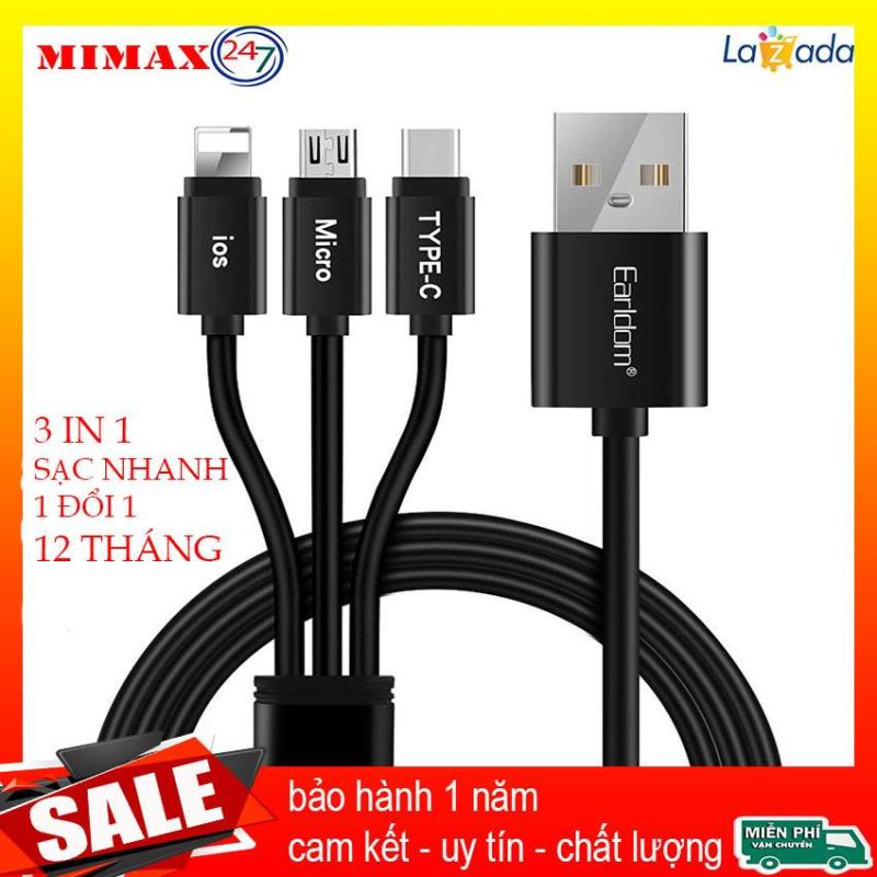 Giá CÁP SẠC ĐA NĂNG 3 ĐẦU , Cáp sạc nhanh 3 đầu Earldom , cáp sạc 3 đầu sạc nhanh , cáp sạc dây dù 3 đầu siêu bền ( MIMAX 247 )