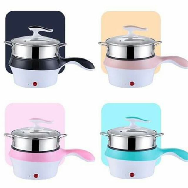 [Xả lỗ] Nồi lẩu điện đa năng 2 tầng có lồng hấp và nắp kính cao cấp, Ca điện mini nấu mì siêu tốc 18cm, Ruột nồi chống dính, có thể rán, chiên, xào, lau là sạch.