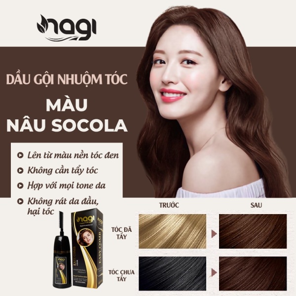 Dầu gội nhuộm tóc phủ bạc màu Nâu Socola Nagi Chocolate Brown 07 chiết xuất từ thiên nhiên chai 400ml giá rẻ