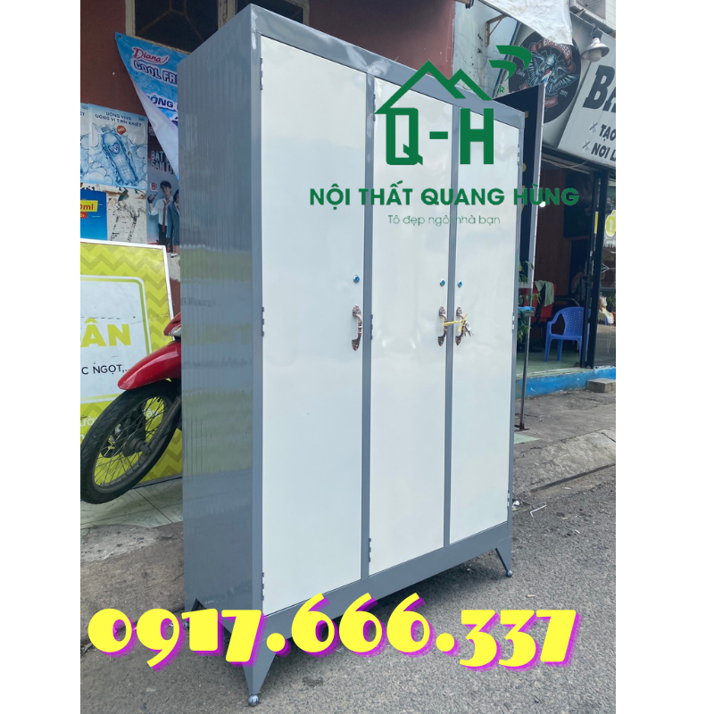 Tủ sắt 3 cánh đựng áo quần 1m8x1m2 màu xám không kính