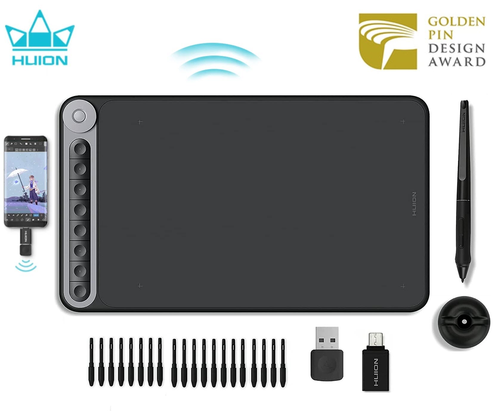 Bảng vẽ điện tử huion iq620m kết nối không dây wireless 2.4g . huionl inspiroy dial q620m graphic drawing tablet 266pps wireless connection digital pen tablet with dial for pc and android os