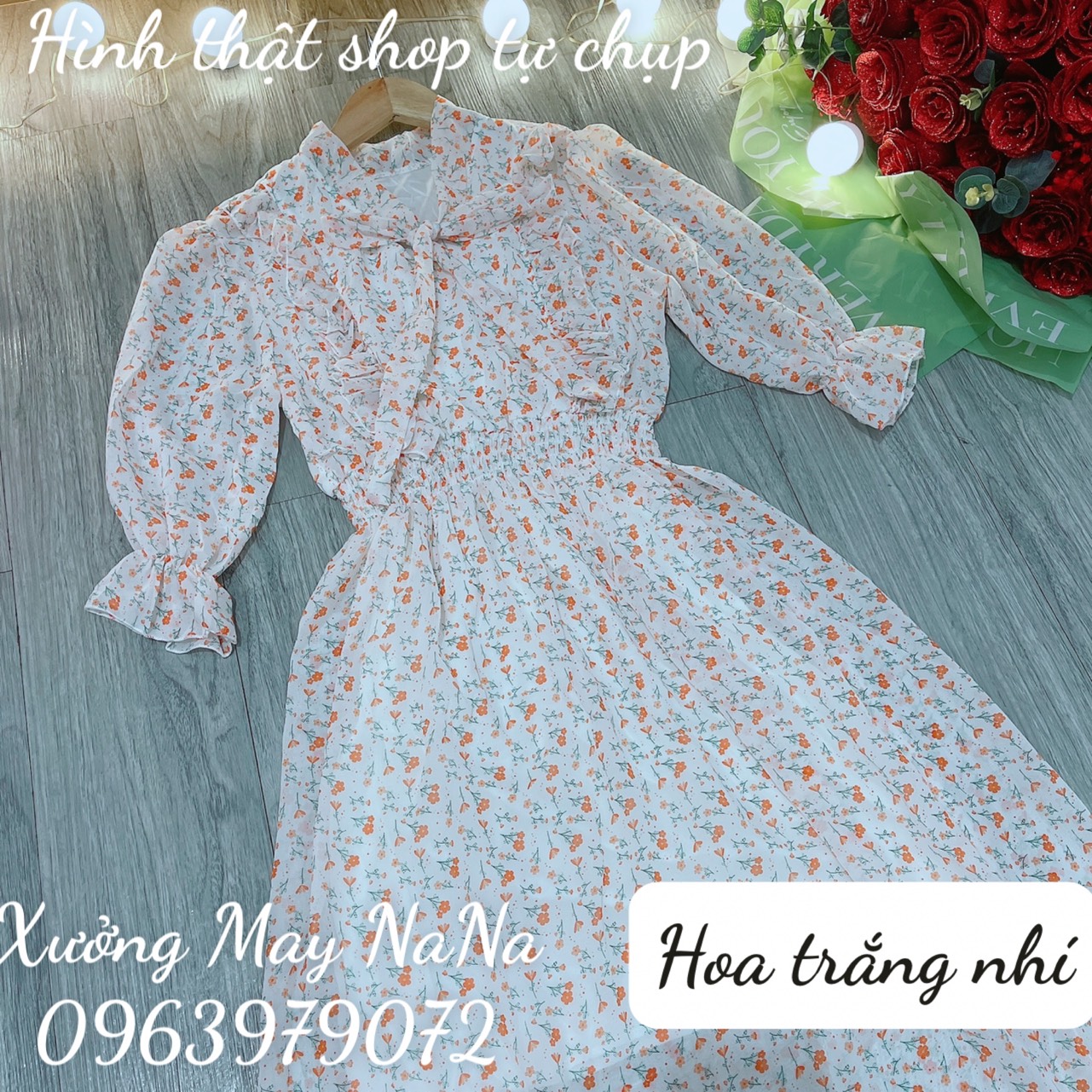 Đầm hoa nhí cột nơ tiểu thư  -video+hình thật
