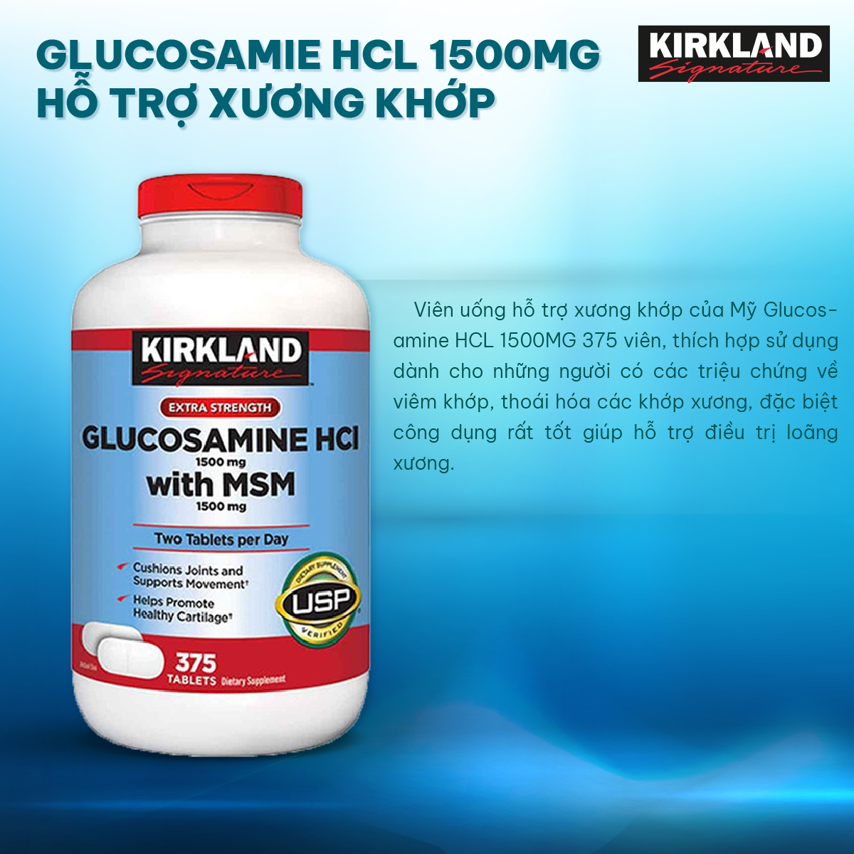 Viên uống Bổ xương khớp Kirkland Glucosamine HCL 1500mg With MSM 375 Viên