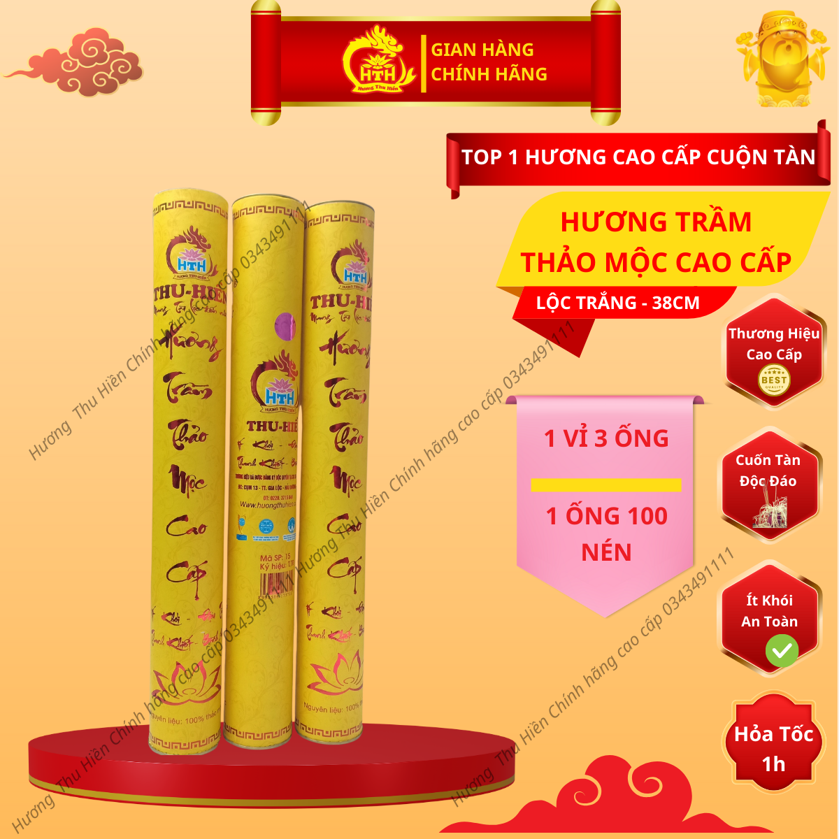 Hương ống thu hiền, hương ống trầm thảo mộc cao cấp, 100 nén lộc trắng 38cm