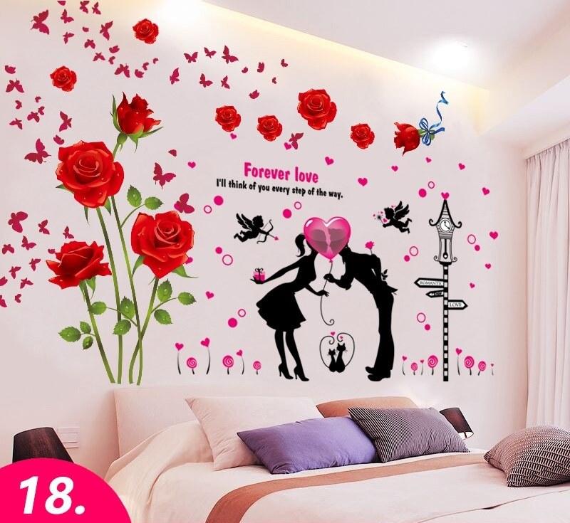 DECAL DÁN TƯỜNG HOA HỒNG NHUNG ĐỎ VÀ CẶP ĐÔI BÓNG BAY