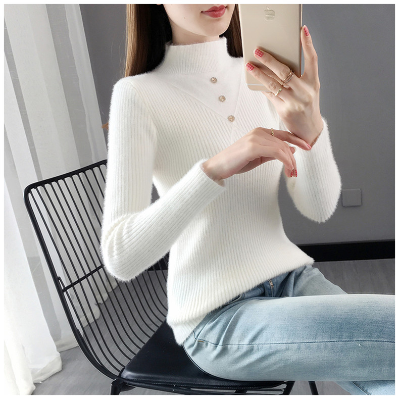 Hàng nhập - Áo len lông thỏ ôm sát cổ 3 phân ngực phối nút basic - DL65141