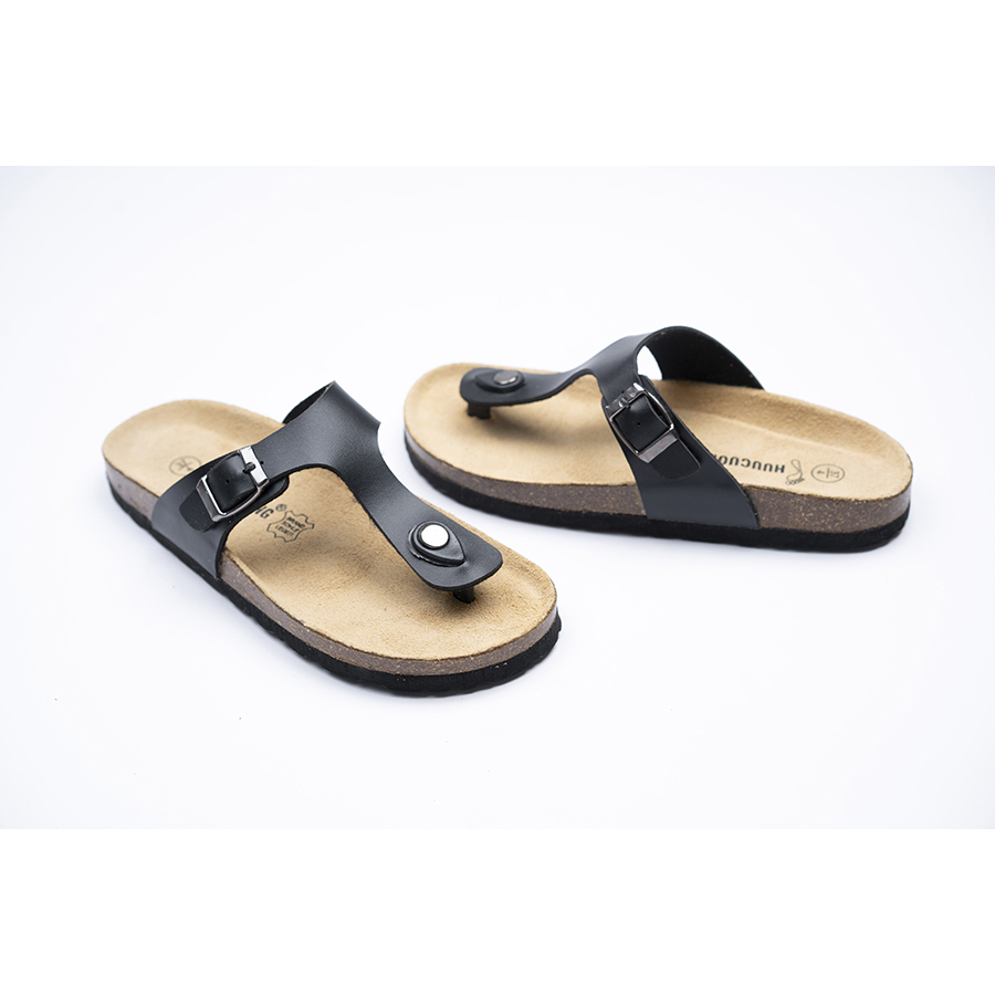 Dép đế trấu unisex kẹp ngón da pu đen