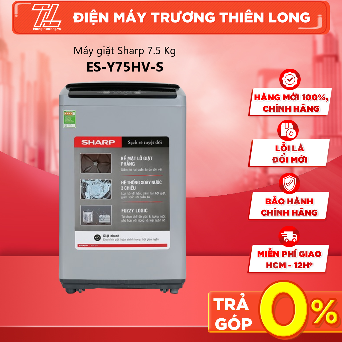 Máy giặt sharp 7.5 kg es-y75hv-s - trả góp 0% - giao toàn quốc - ngoài hcm tính phí
