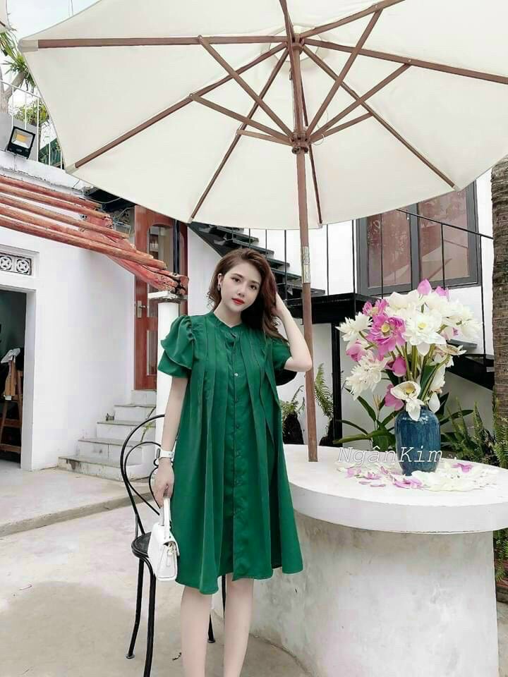 Đầm xoè dập ly cổ sơ mi xinh lung linh
