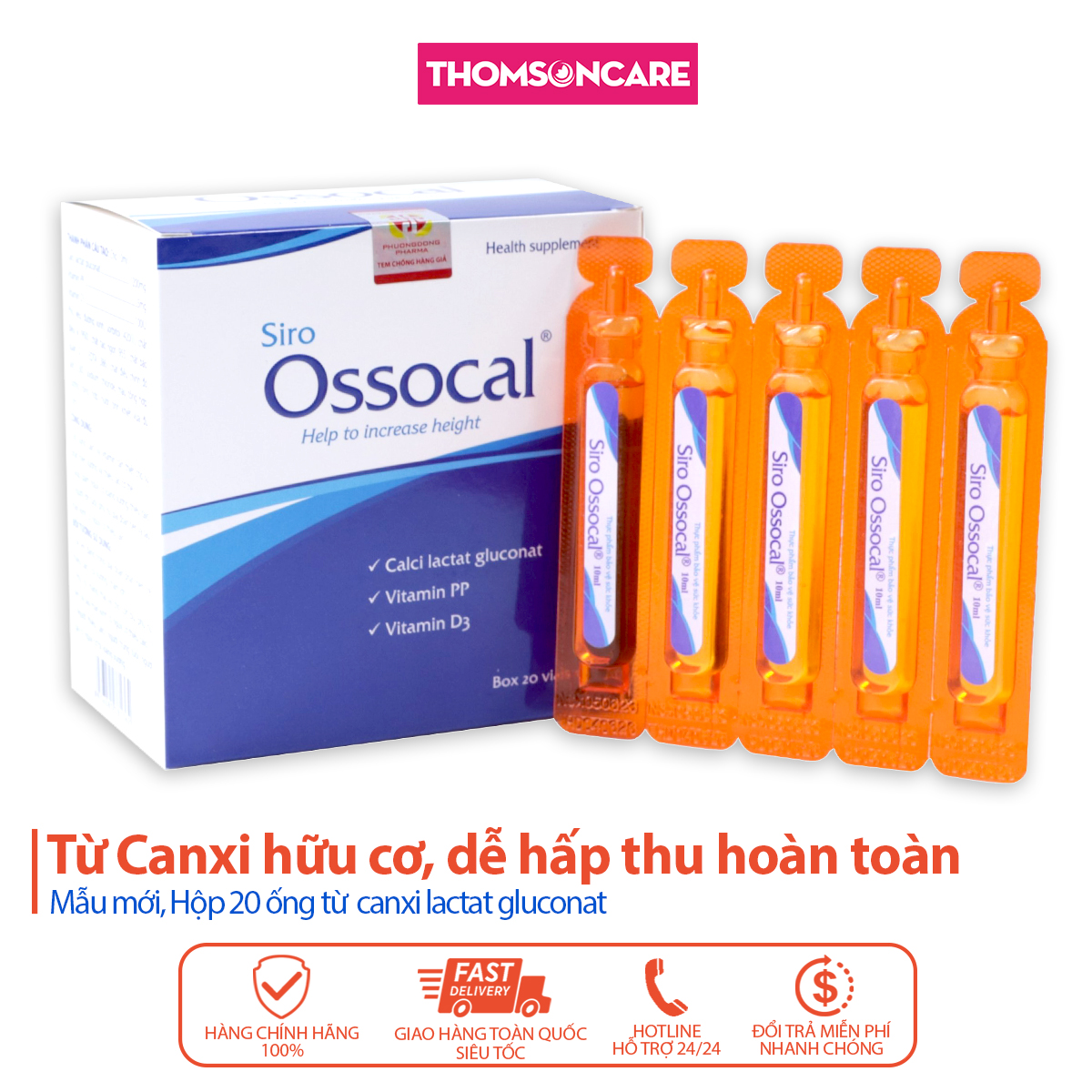 Siro Ossocal - Bổ sung canxi hữu cơ và D3 cho bà bầu người lớn sau sinh và trẻ nhỏ phát triển chiều cao hộp 20 ống dễ hấp thụ