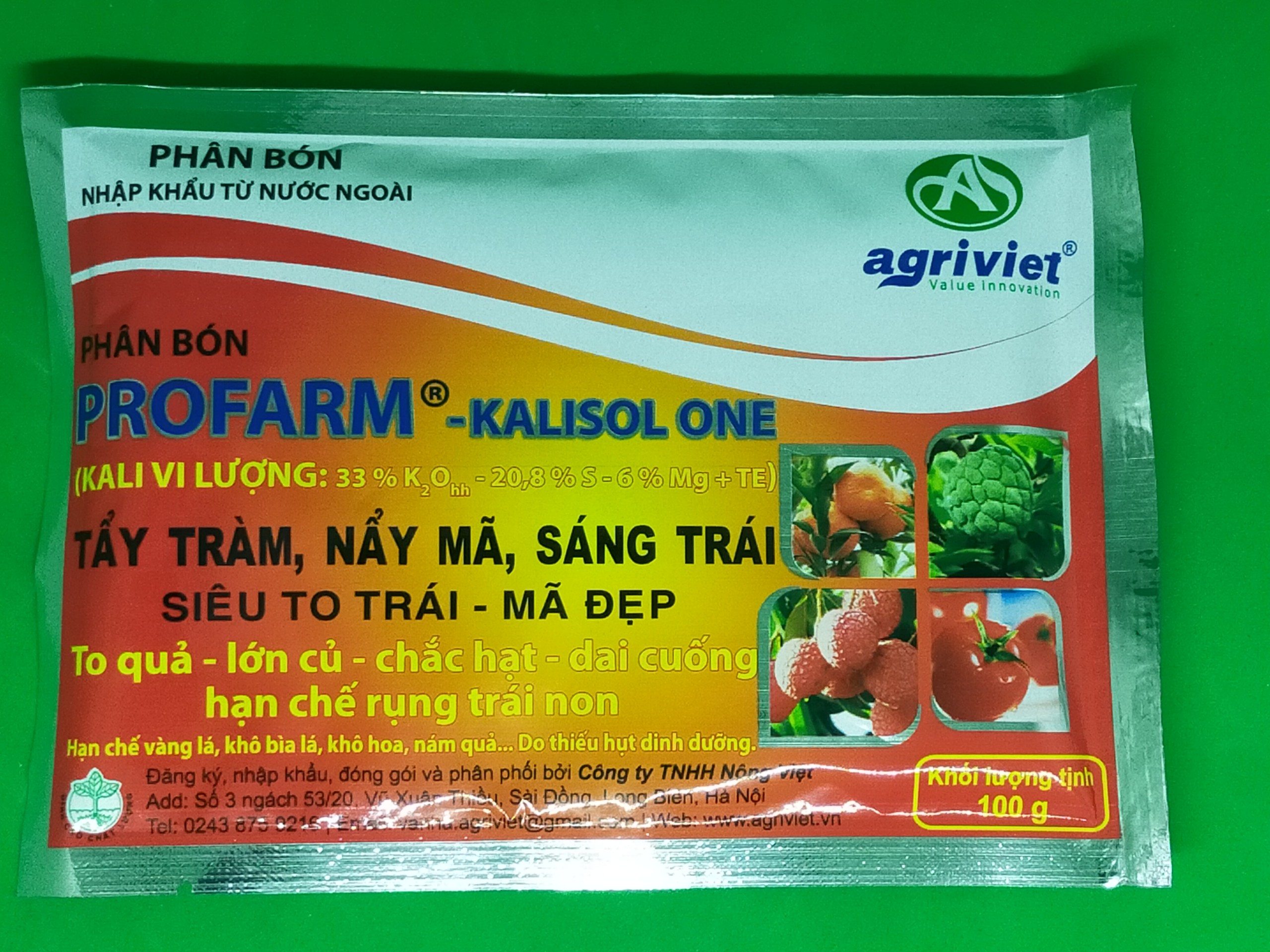 Phân Bón Lá Kali Vi Lượng PROFARM- KALISOL ( GÓI: 100GRAM) Nguyên Liệu Nhập Khẩu Từ Bỉ: Tẩy Chàm, Sáng Quả, Mã Đẹp, chống Rụng Quả Non