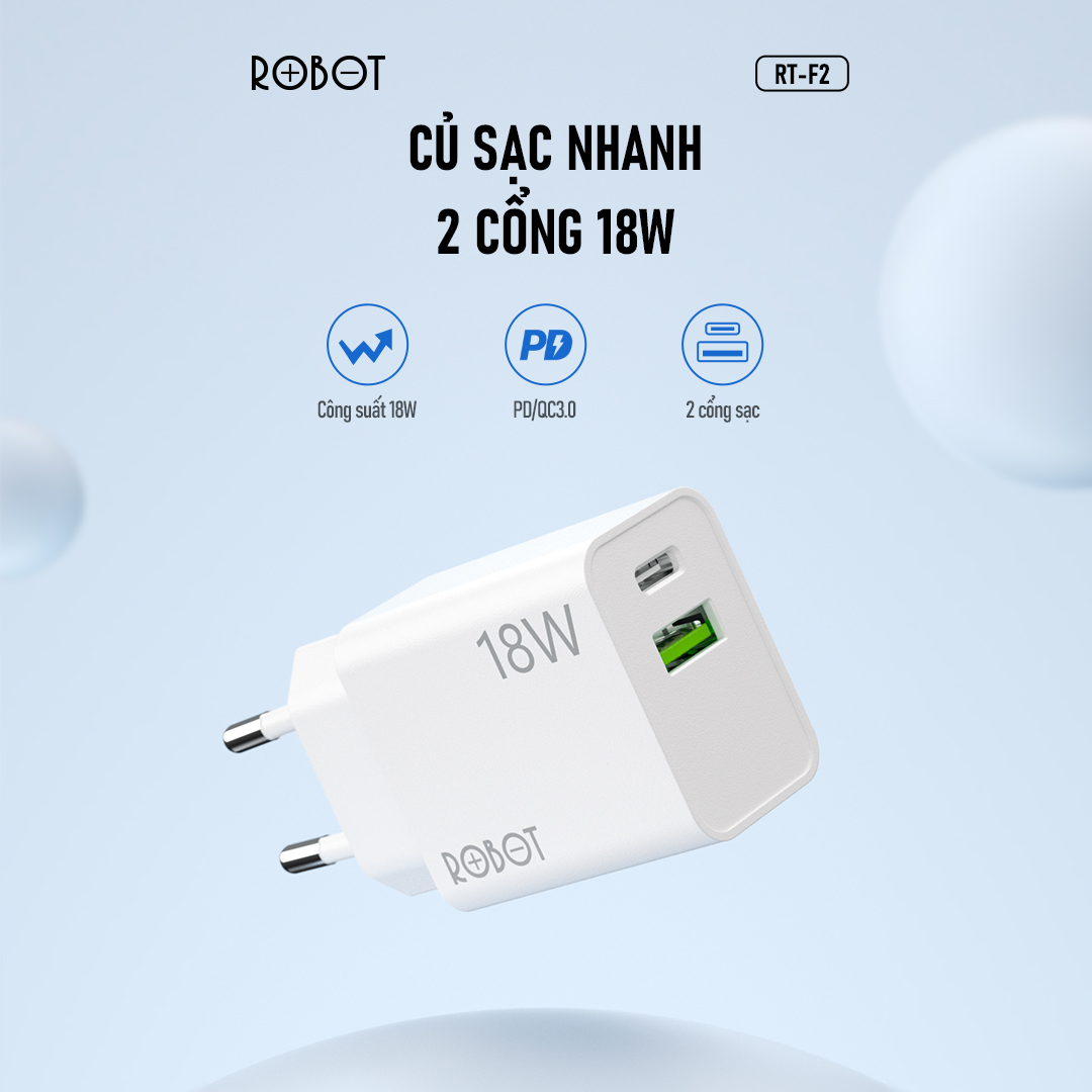 Củ sạc nhanh Robot RT-F2 RT-F5 cốc sạc 2 cổng Type-C USB sạc PD công suất lớn 18W 20W cốc sạc Type C PD 18W iphone 14 13 12 pro max 11 mini 8 plus samsung htc xiaomi asus vivo oppo huawei realme google l bảo hành 12 tháng