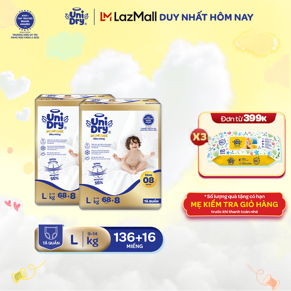 [Siêu mỏng 2mm] Combo 2 tã quần UniDry Supreme size M76/L68/XL60/XXL54 + 8 miếng