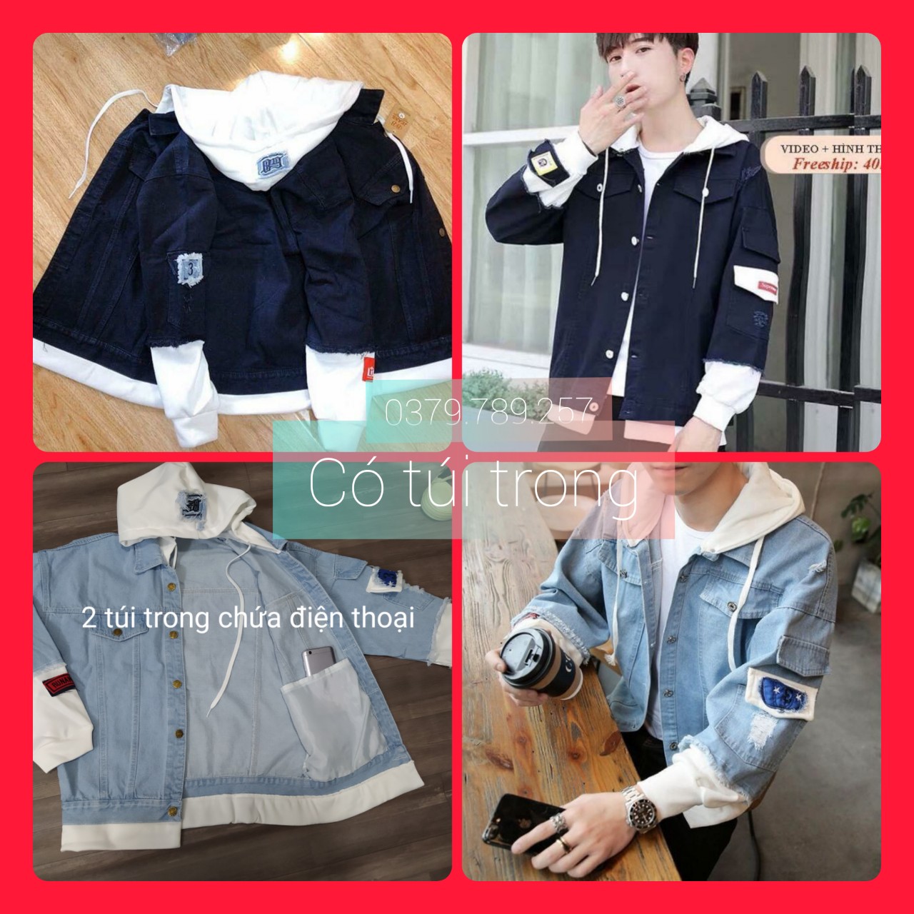 [HCM]Áo khoác jean nam nữ Unisex có nón cao cấp và đặc biệt có 2 túi trong chứa điện thoại size M-L-XL hàng shop