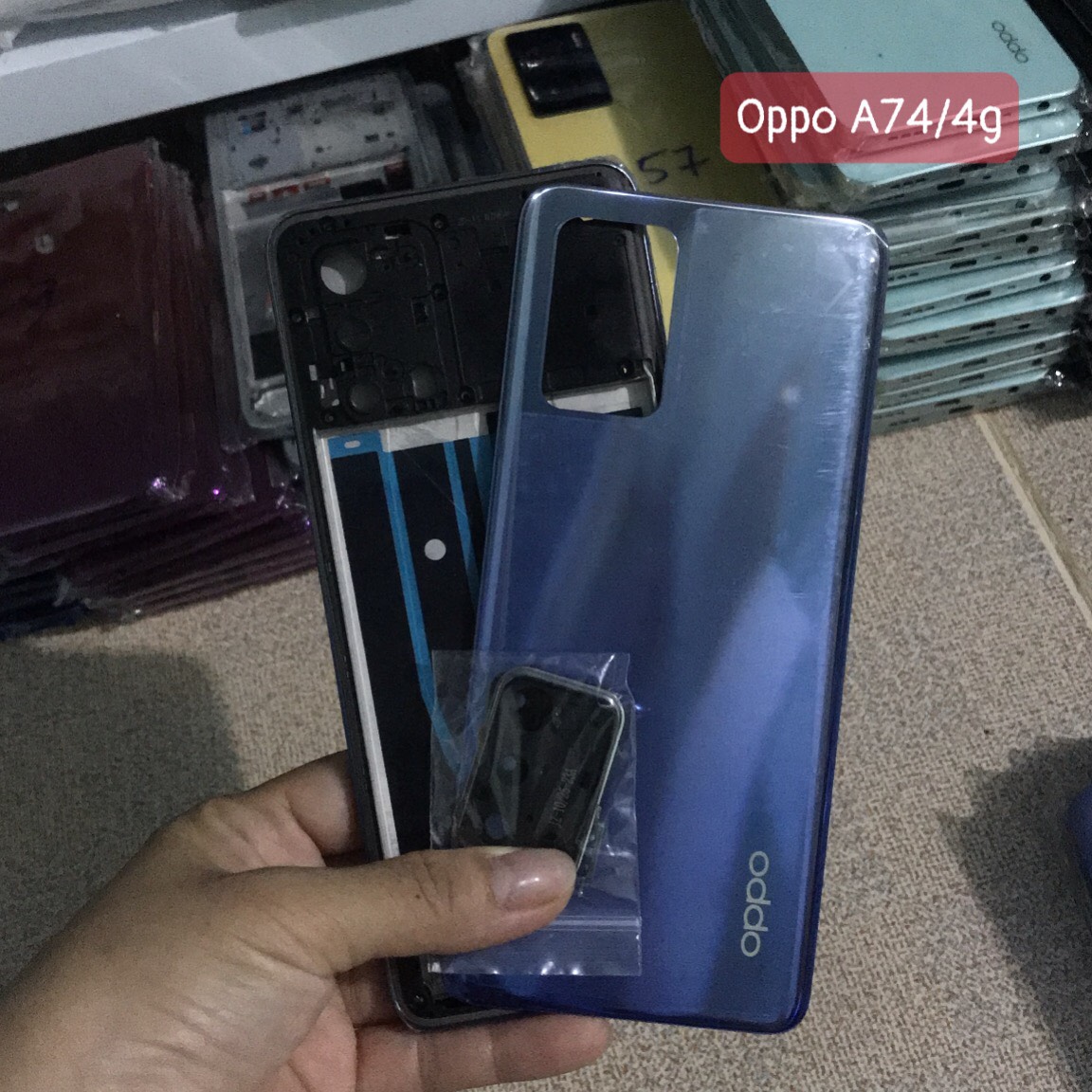 Bộ vỏ Oppo A74 bản 4G vỏ zin ( bộ gồm lưng, sườn,khung xương phím ,kính camera)