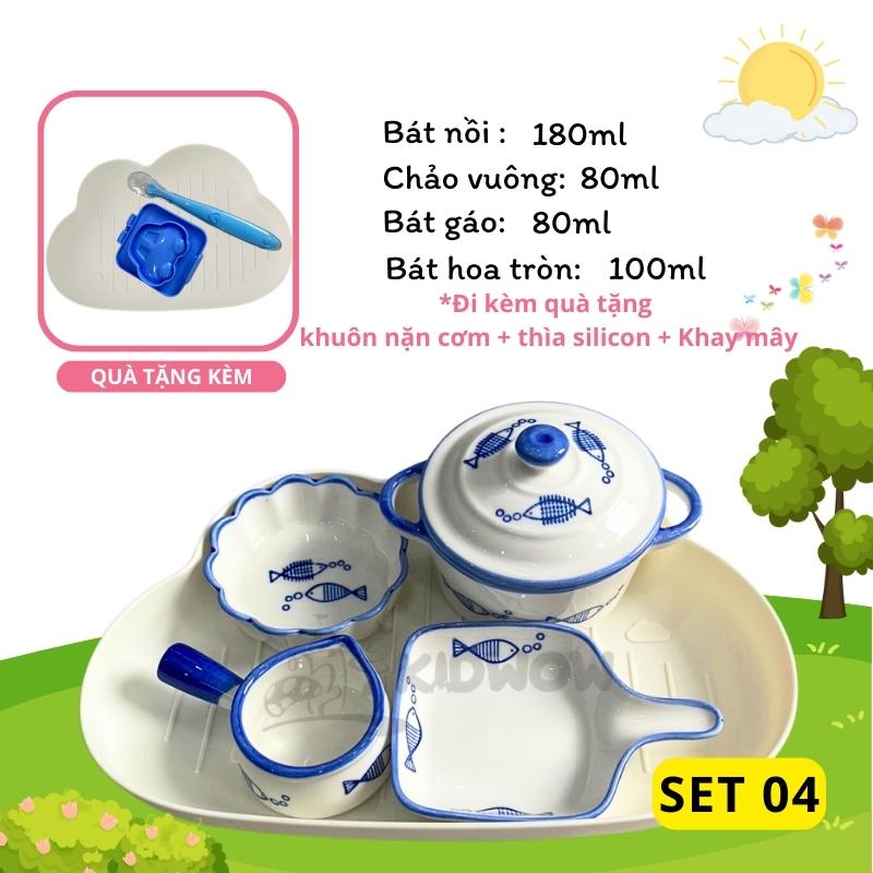 [TẶNG THÌA SILICON+ KHUÔN CƠM+ KHAY MÂY] Bộ Bát Sứ Ăn Dặm Cho Bé Siêu Đáng Yêu
