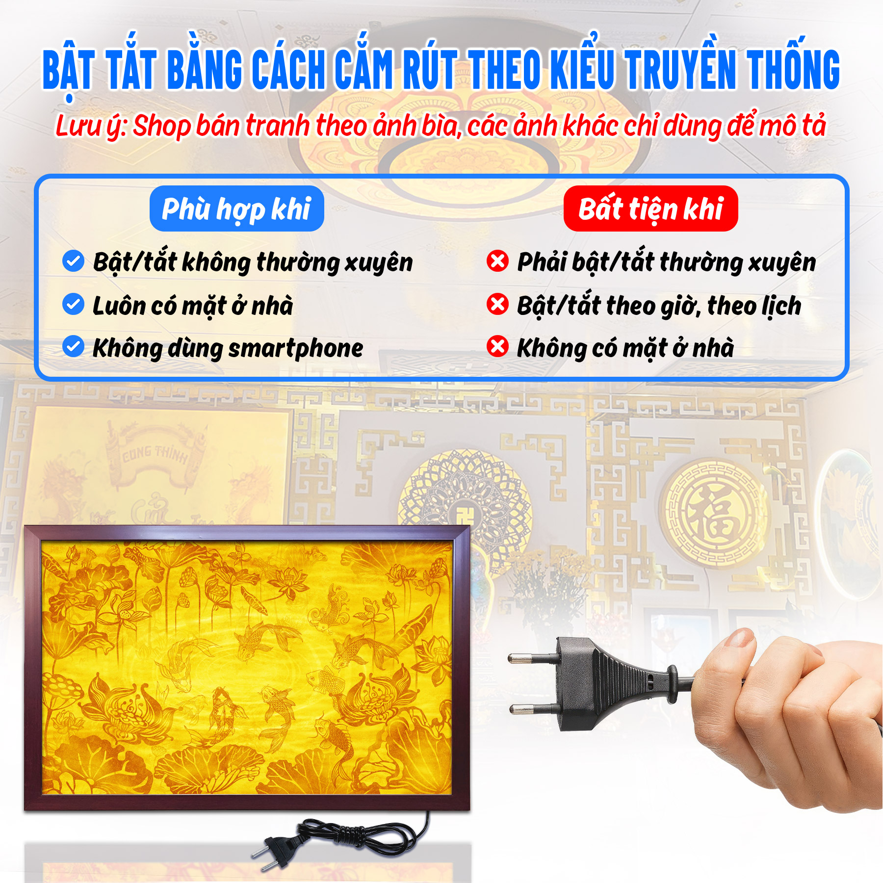 Đèn thờ tranh trúc chỉ ngang chân thiện mỹ, đèn trang trí bàn thờ, tranh trúc chỉ hoa sen cá chép tc-tn-88
