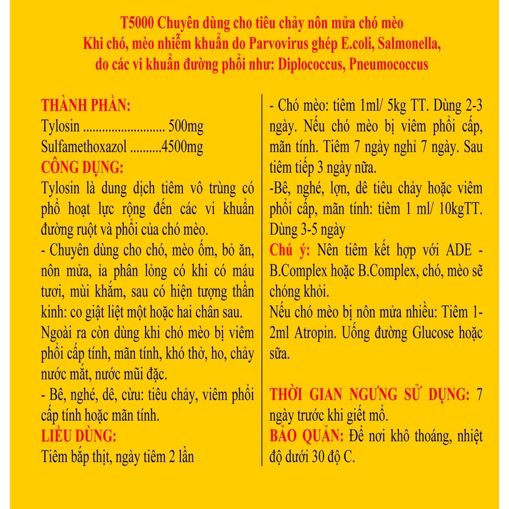 Thú y, 1 lọ T5000/T 5000 dùng cho chó mèo (10ml/lọ)