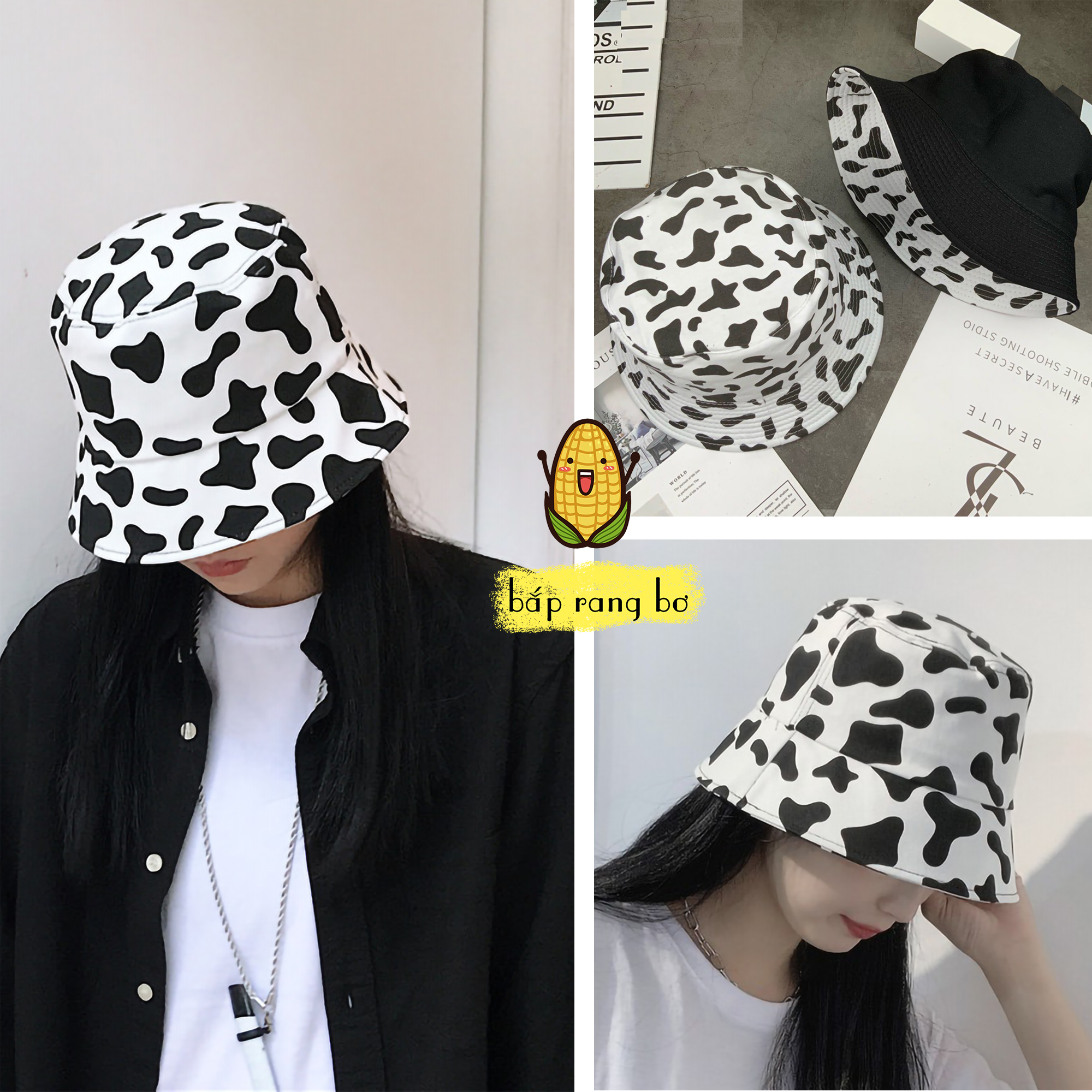 Nón bucket bò sữa dày 2 mặt phong cách ulzzang unisex nam nữ nb01