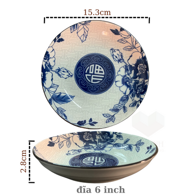 Combo 5 đĩa gốm sứ 15cm, 5 đĩa gốm sứ hoa 6 inch