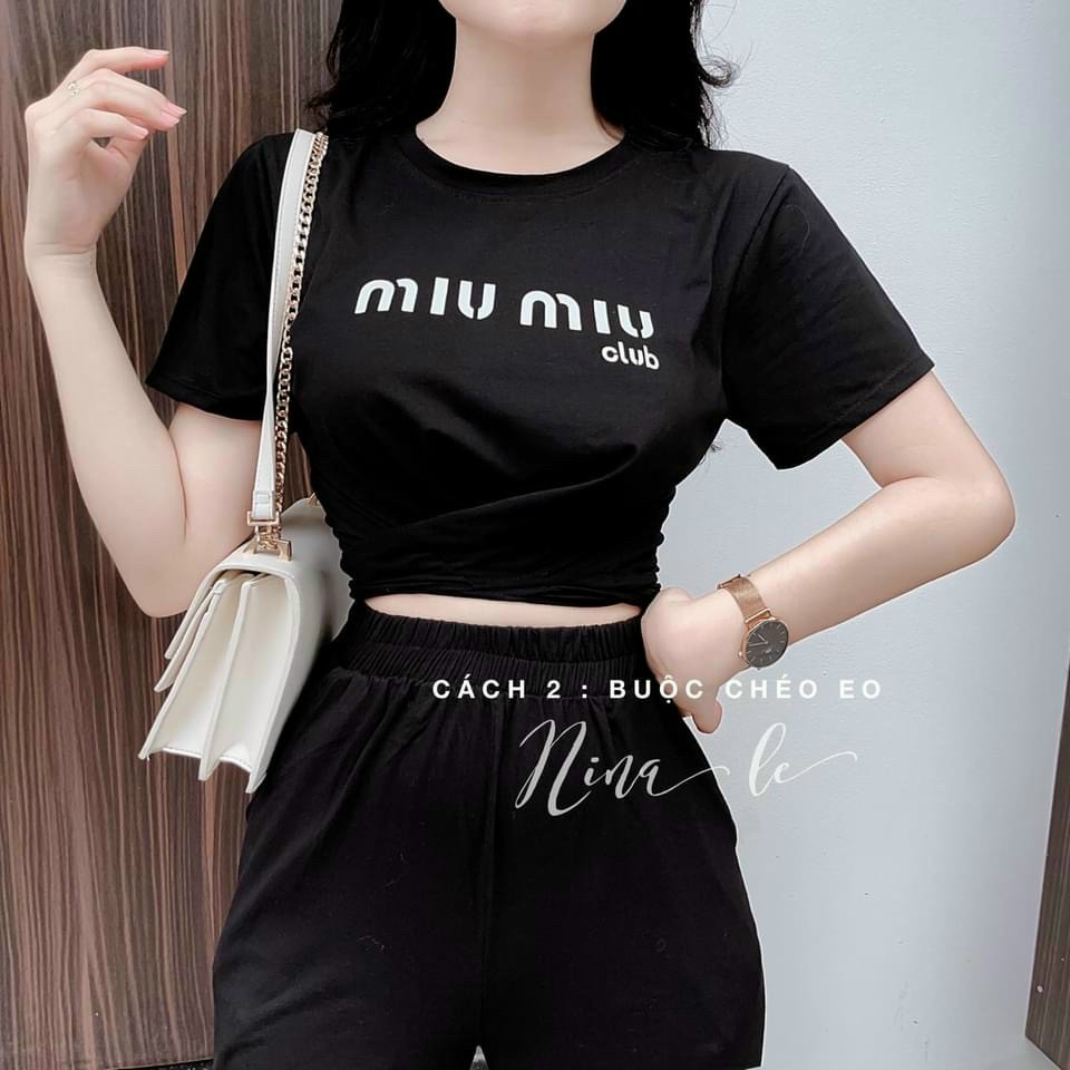 Set bộ áo croptop cột nơ eo  kèm quần dài - chất liệu tici - thiết kế họa tiết chữ in 3D đơn giản nhẹ nhàng cá tính