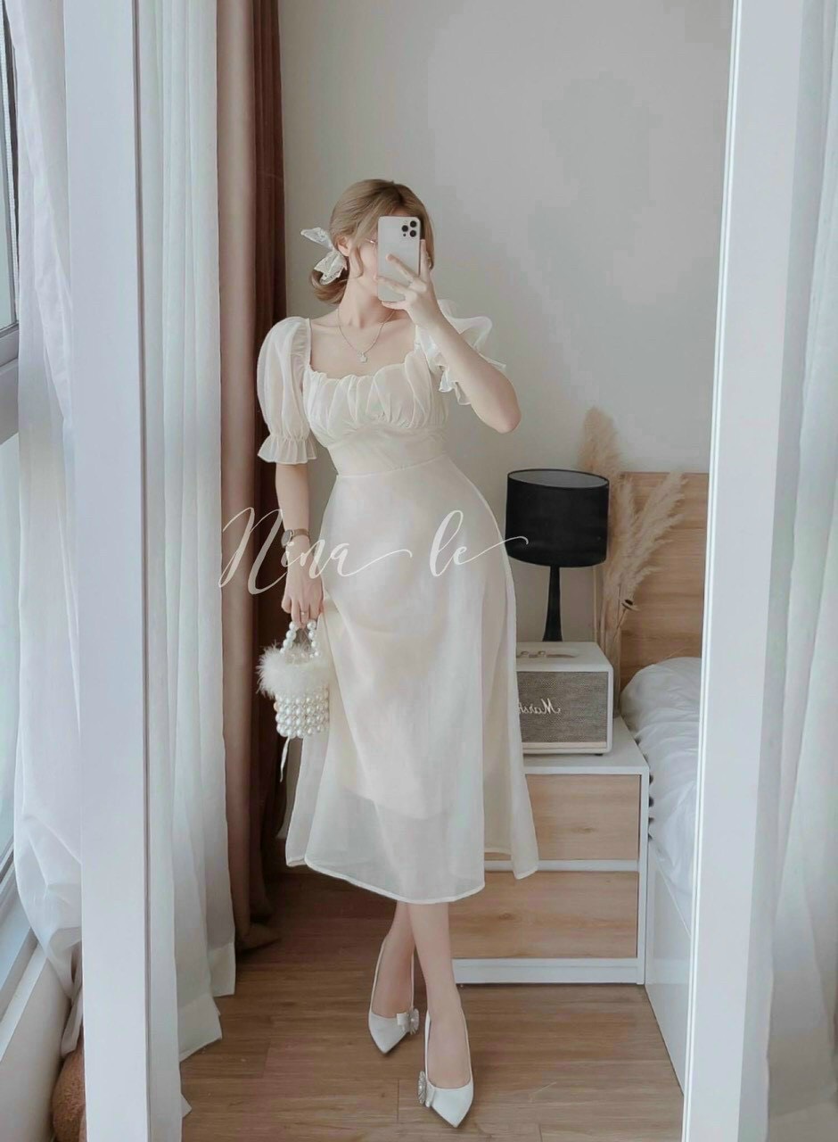 ĐẦM XÒE TRẮNG XẾP LY NGỰC CỘT NƠ EO DD040