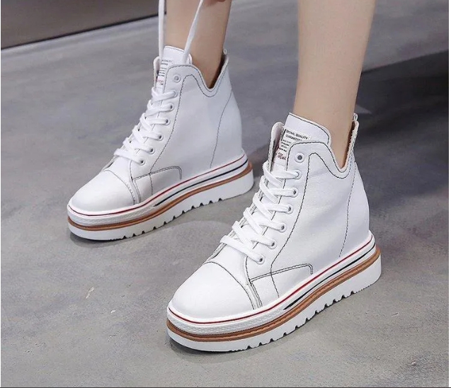 Giày bánh mì da nữ đế độn, dày cột dây, giày cao 8cm phong cách hàn quốc