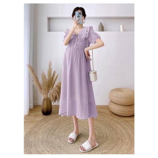 Váy bầu đũi, Đầm bầu Cổ V Màu Tím Pastel