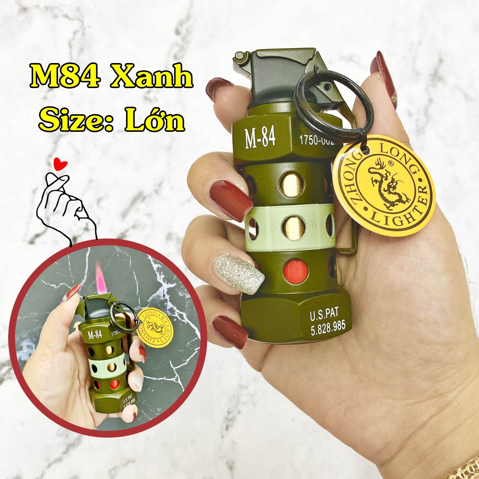 BẬT LỬA KHÈ - MÓC KHÓA HÌNH TRÁI LỰU M84 XANH (SIZE LỚN) - (XÀI GAS)