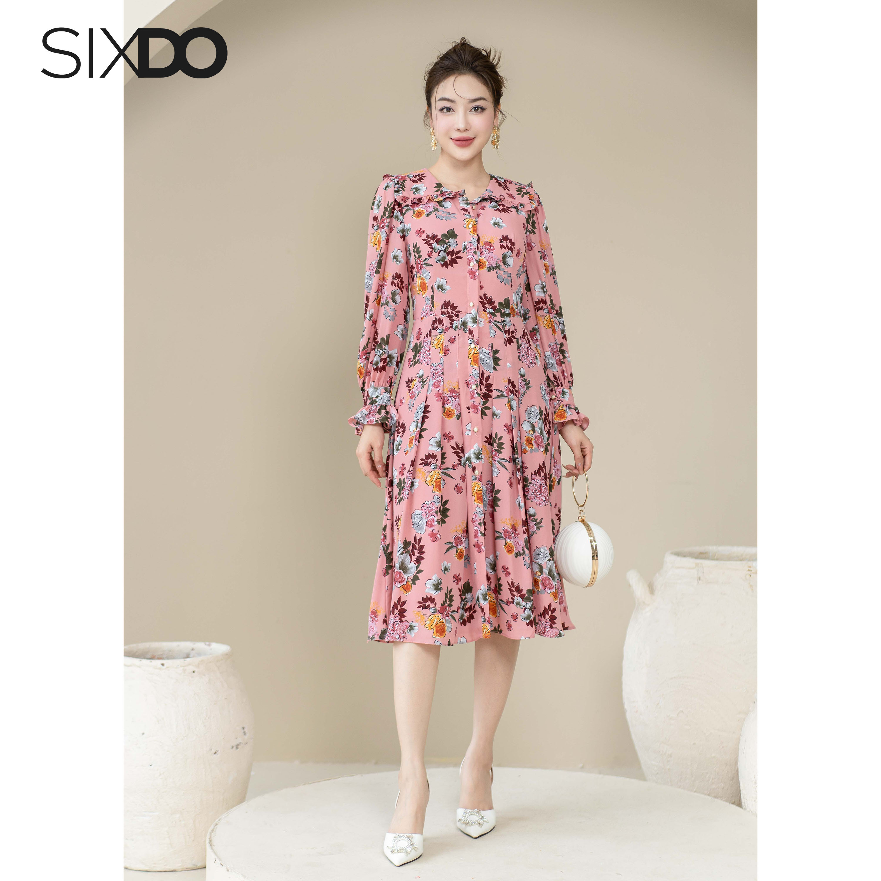 Đầm chiffon họa tiết hoa xếp ly SIXDO (Floral Midi Chiffon Dress)