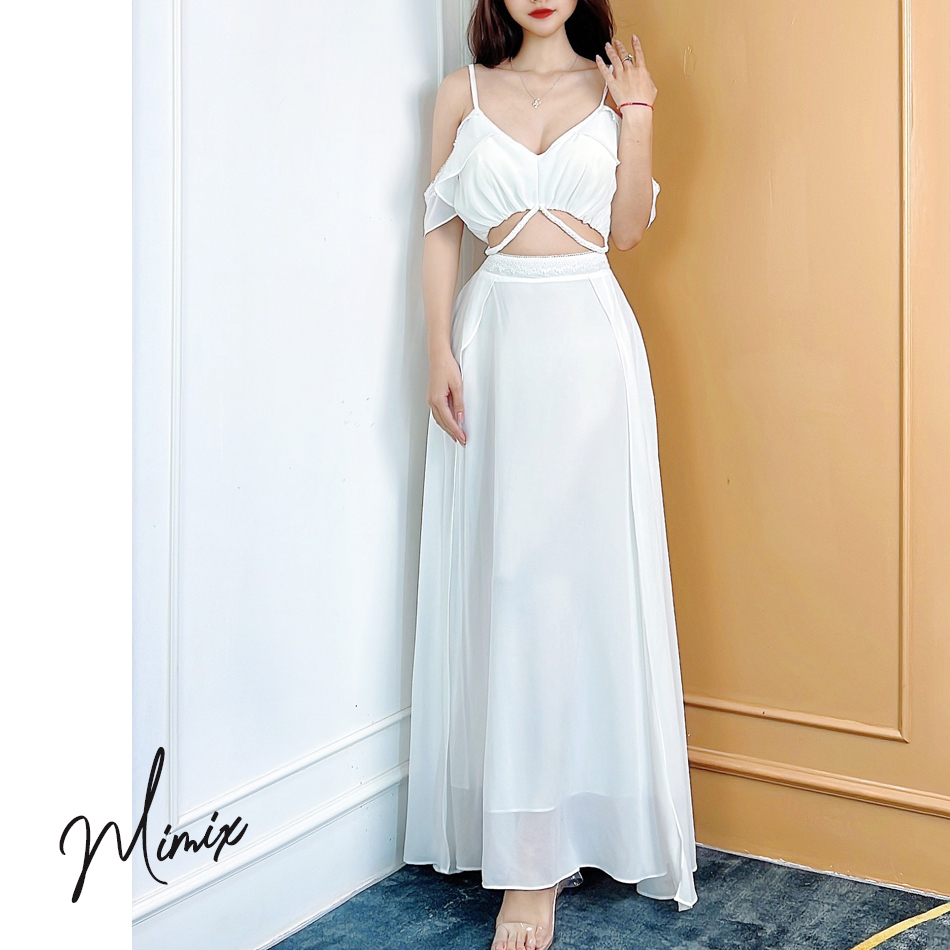 Đầm maxi nữ trơn rớt vai phối ren MIMIX CO8260