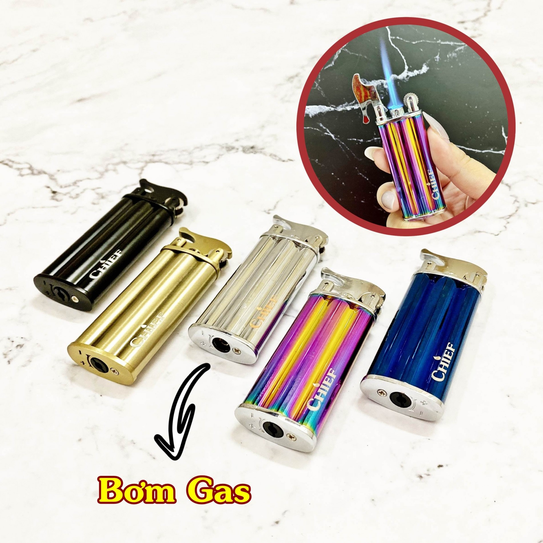 BẬT LỬA KHÈ CHIEF 668 - GAS ĐÁ RÃNH TAY (KIM LOẠI) - (XÀI GAS)