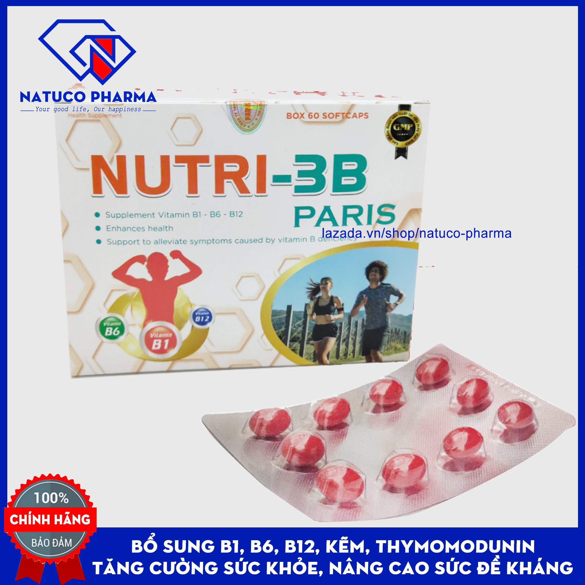 Viên uống NUTRI 3B Paris -  Tăng cường sức khỏe, nâng cao sức đề kháng - Bổ sung B1, B6, B12, kẽm, thymomodunin - - Hộp 60 viên Chuẩn GMP Bộ Y tế