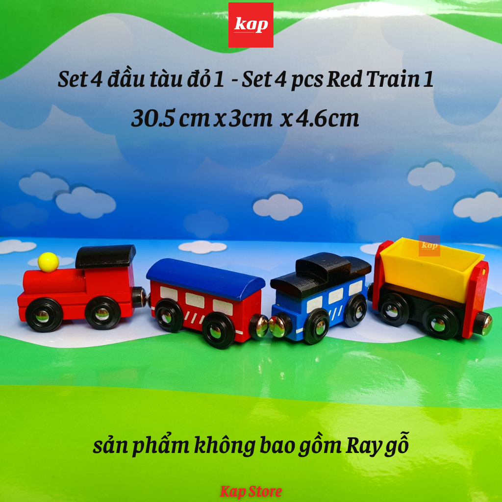 Set 4 toa xe lửa gỗ, phụ kiện đường ray xe lửa gỗ- Set 4 wooden Train