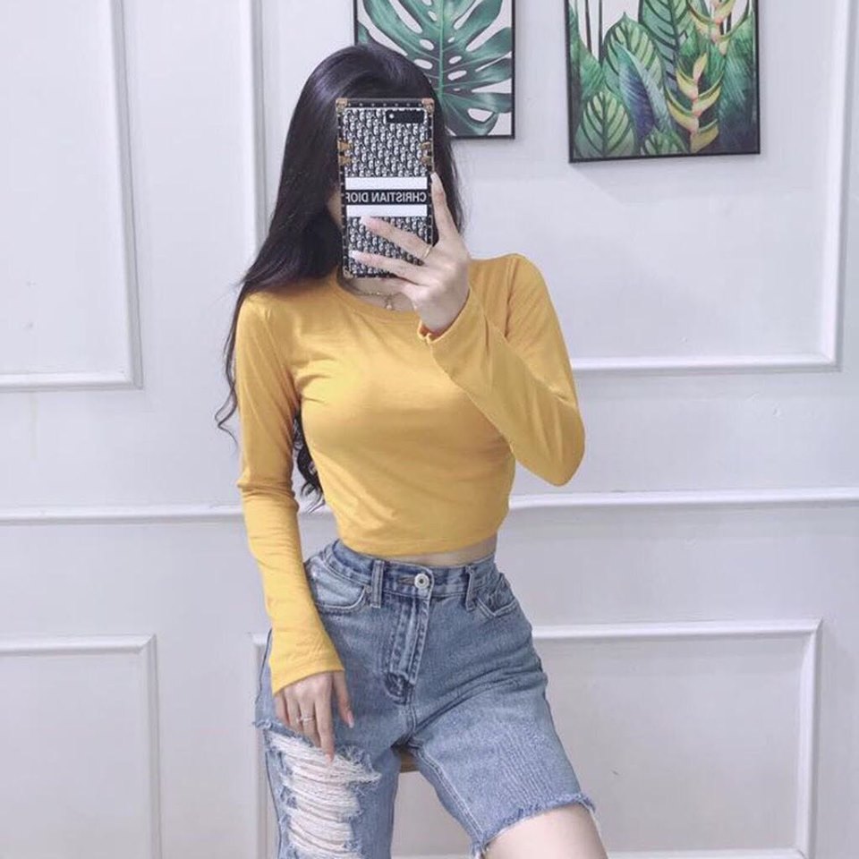 [HCM]Áo thun nữ croptop dài tay trơn-4 màu