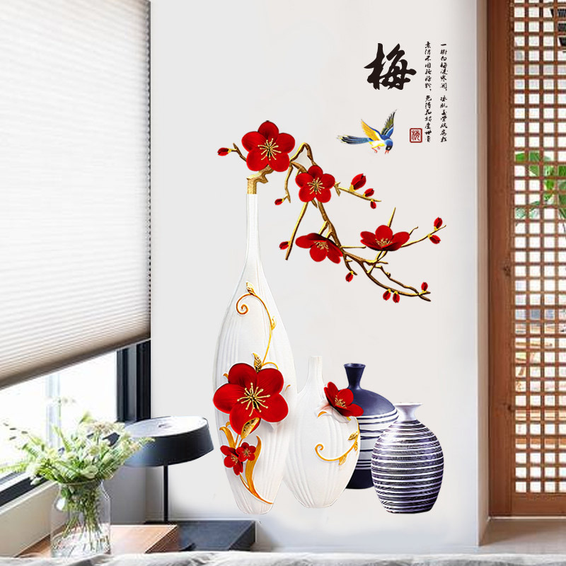 Decal dán tường bình hoa đào đỏ nghệ thuật GS9386