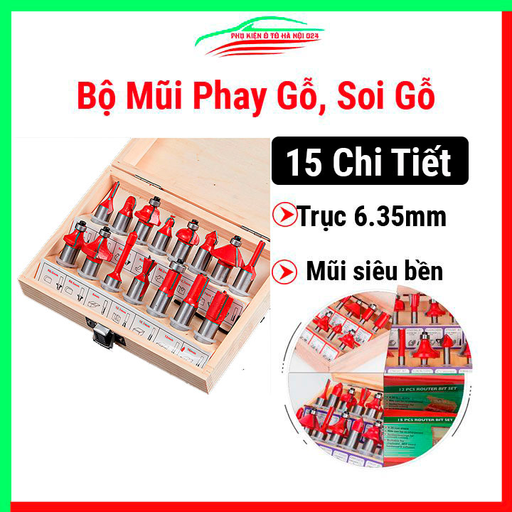 Bộ mũi phay gỗ, soi gỗ cốt trục 6.35mm 15 chi tiết độ bền cao dùng để điêu khắc hoạ tiết, cắt cạnh