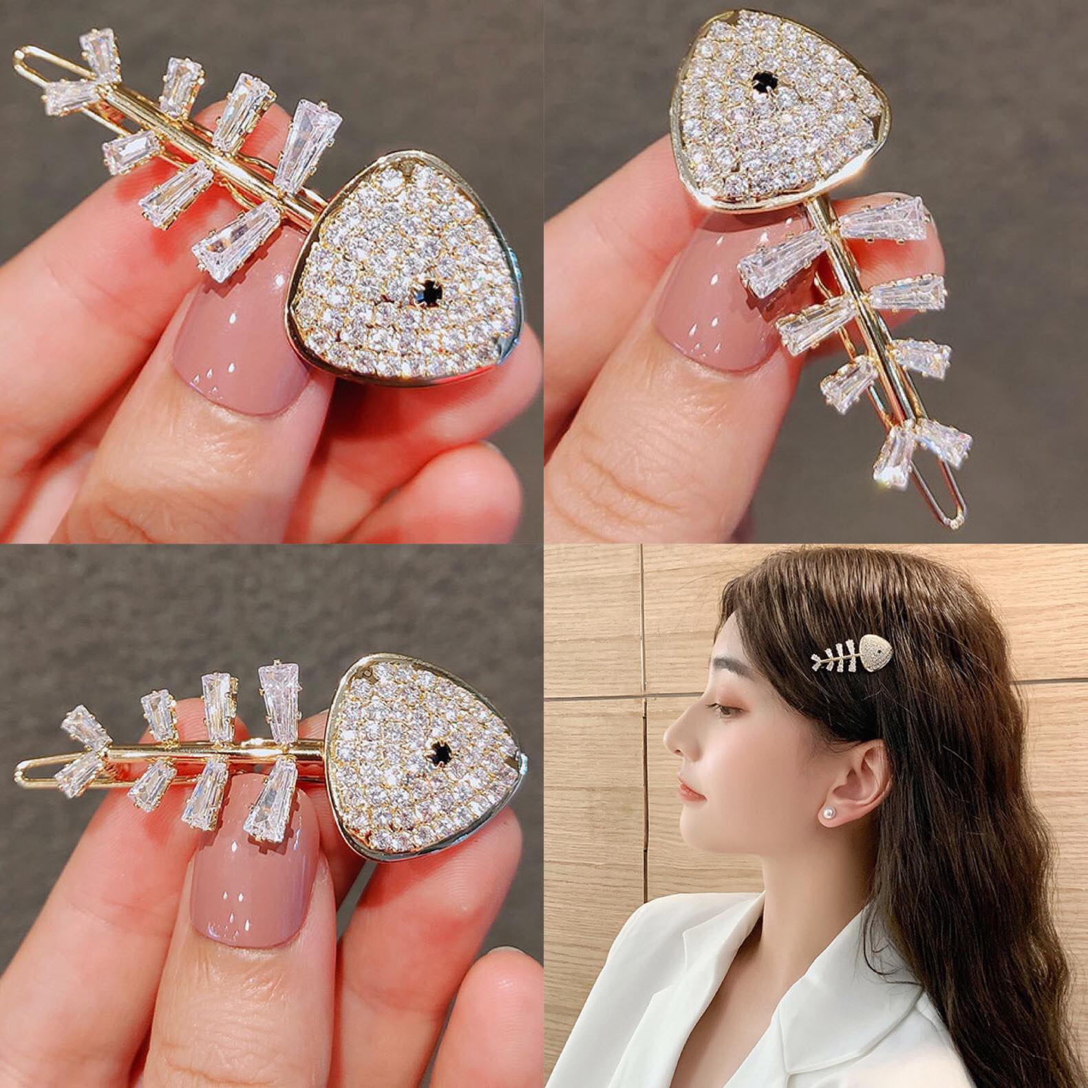 Kẹp tóc xinh thiết kế Xương Cá độc đáo đính pha Lê giả kim cương phong cách Hàn đi chơi, dạo phố - Mẫu HOT Kẹp tóc nữ Hàn quốc giá rẻ