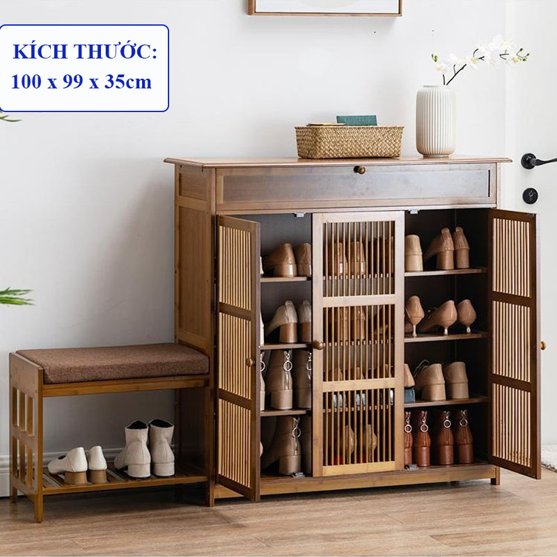 Tủ giày kèm đôn bằng gỗ tre 1m x 99cm phong cách Vintage cổ điển - Kệ để giày dép, Tủ giày thông minh 3 cánh decor nhà đẹp